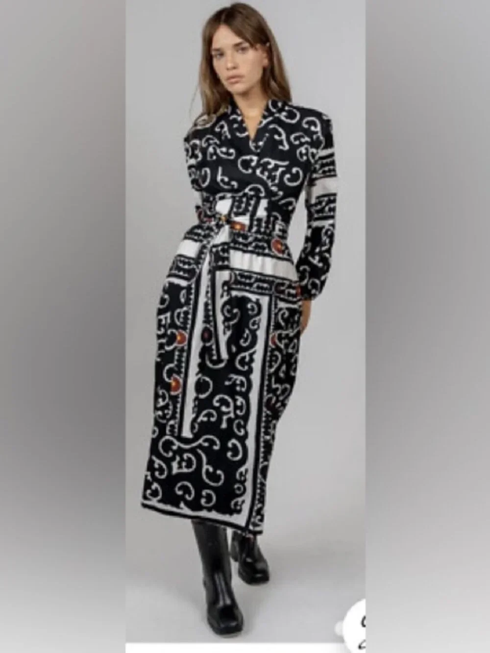Black & White Printed Long Sleeve Maxi Dress with Belt - Picture 1 of 14